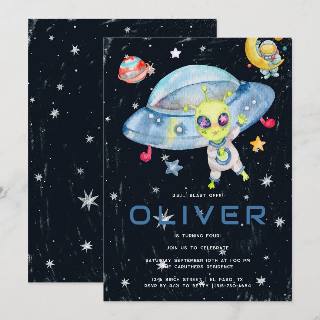 Invitación Cute espacio moderno Alien UFO Birthday Party (Anverso / Reverso)
