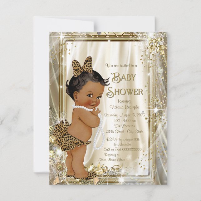 Invitación Cute Ethnic Girl Leopard Perlas Baby Shower (Anverso)