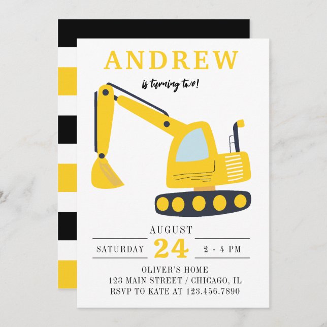 Invitación Cute Excavator Construcción Niños Fiesta de Cumple (Anverso / Reverso)