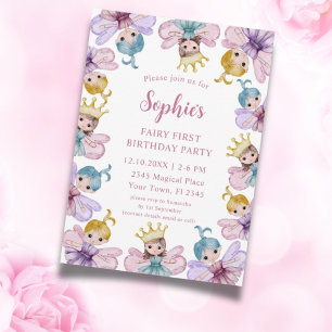 Invitación Cute Fairy First Pink Water Birday