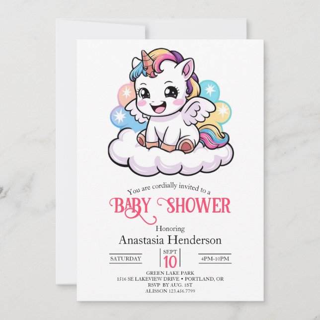 Invitación Cute Fairytale Unicorn Baby Shower (Anverso)