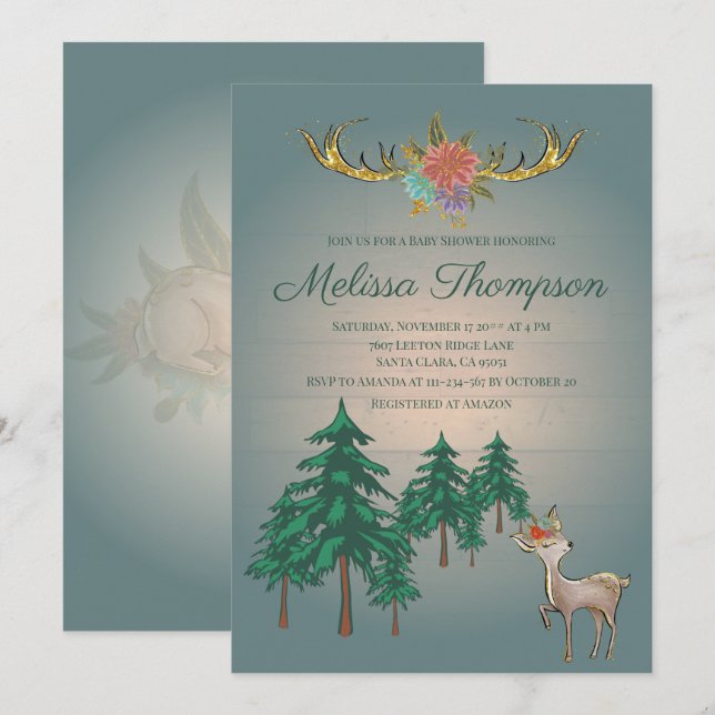Invitación Cute Fairytale Woodland Deer Animals Baby Shower (Anverso / Reverso)