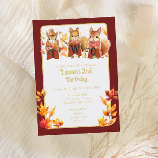 Invitación Cute Fall Woodland Squirrel Segundo Cumpleaños