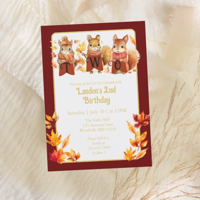 Invitación Cute Fall Woodland Squirrel Segundo Cumpleaños (Subido por el creador)
