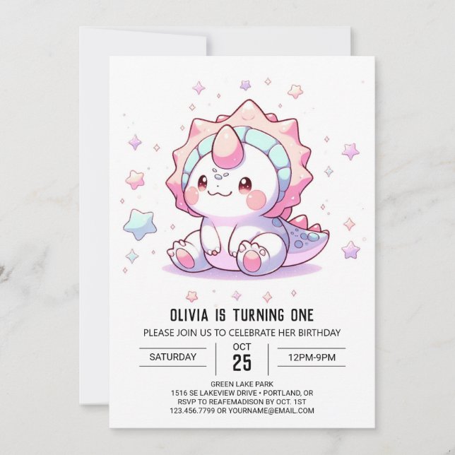 Invitación Cute Fantasía Dinosaurio 1º cumpleaños (Anverso)