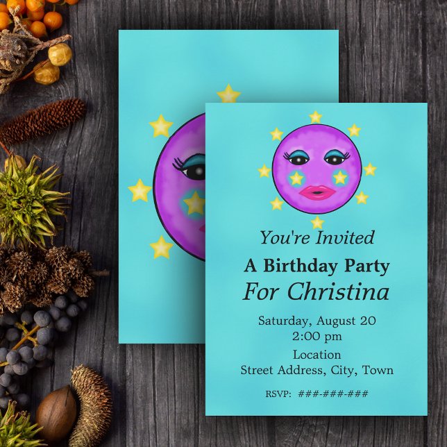 Invitación Cute Fantasía Purple Moon Face Stars Cumpleaños (Cute Purple moon with face circled with stars on Aqua blue Birthday party invitations.)