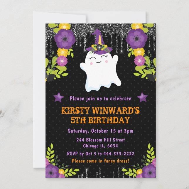 Invitación Cute fantasma Floral Halloween cumpleaños (Anverso)
