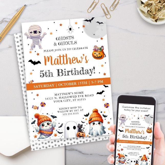 Invitación Cute Fantasma Niños Halloween Fiesta de Cumpleaños (Personalized halloween birthday party invitations for any age boy girls or costume party invites)