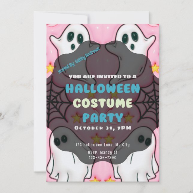 Invitación Cute fantasmas Spiderwebs Estrellas Halloween Rosa (Anverso)