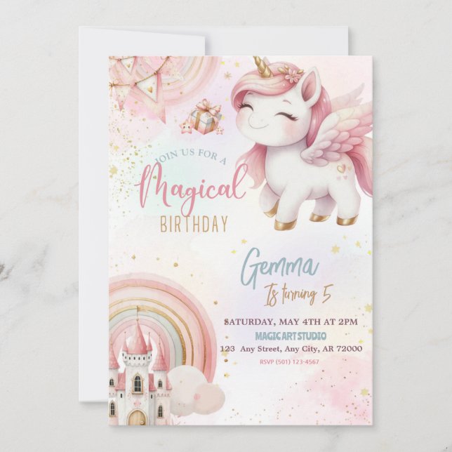 Invitación Cute Fantasy Oro rosa Unicornio Cumpleaños (Anverso)