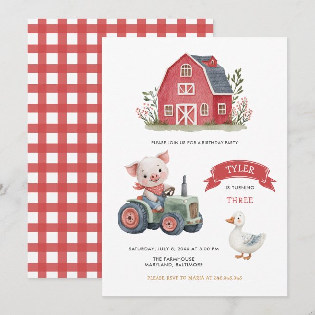 Invitación Cute Farm Animals Barnyard Birthday Party (Anverso / Reverso)