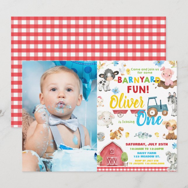 Invitación Cute Farm Animals Barnyard Primer cumpleaños Una f (Anverso / Reverso)