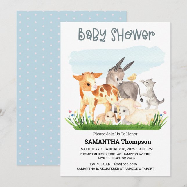 Invitación Cute Farm Animals Blue Boys Baby Shower (Anverso / Reverso)