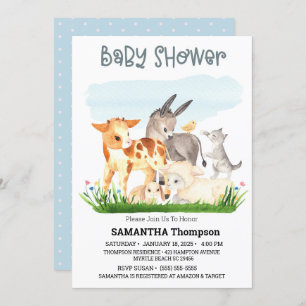 Invitación Cute Farm Animals Blue Boys Baby Shower
