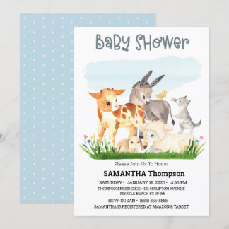 Invitación Cute Farm Animals Blue Boys Baby Shower