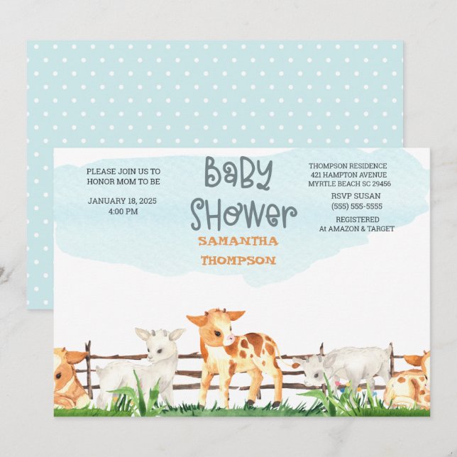 Invitación Cute Farm Animals Boys Baby Shower (Anverso / Reverso)