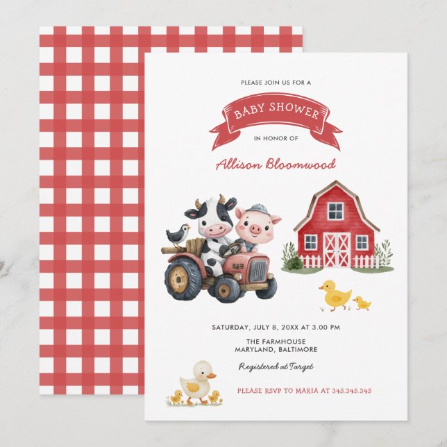 Invitación Cute Farm Animals Farmhouse Baby Shower (Anverso / Reverso)