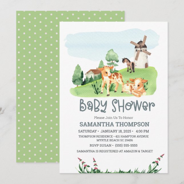 Invitación Cute Farm Animals Green Boys Baby Shower (Anverso / Reverso)