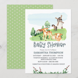 Invitación Cute Farm Animals Green Boys Baby Shower
