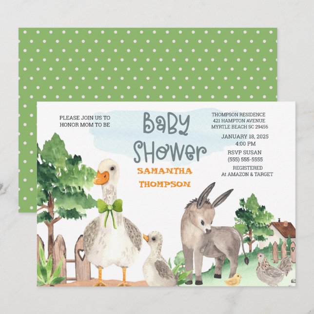 Invitación Cute Farm Animals Green Boys Baby Shower (Anverso / Reverso)