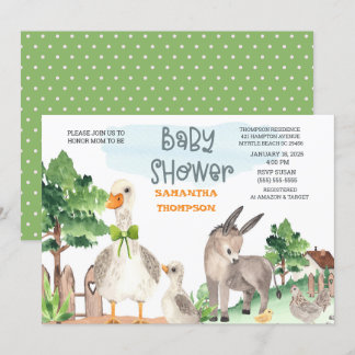 Invitación Cute Farm Animals Green Boys Baby Shower