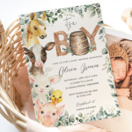 Invitación Cute Farm Animals Greenery Boy Barn Baby Shower