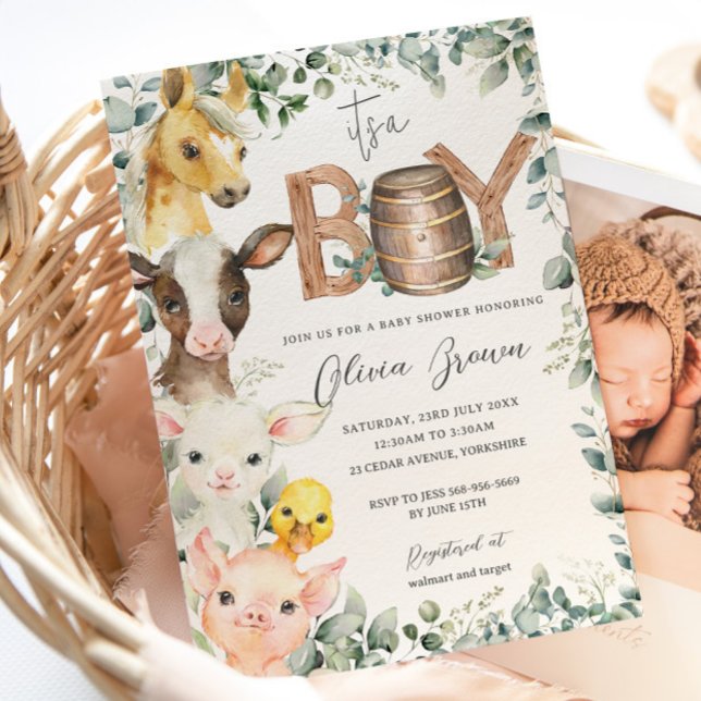 Invitación Cute Farm Animals Greenery Boy Barn Baby Shower (Subido por el creador)