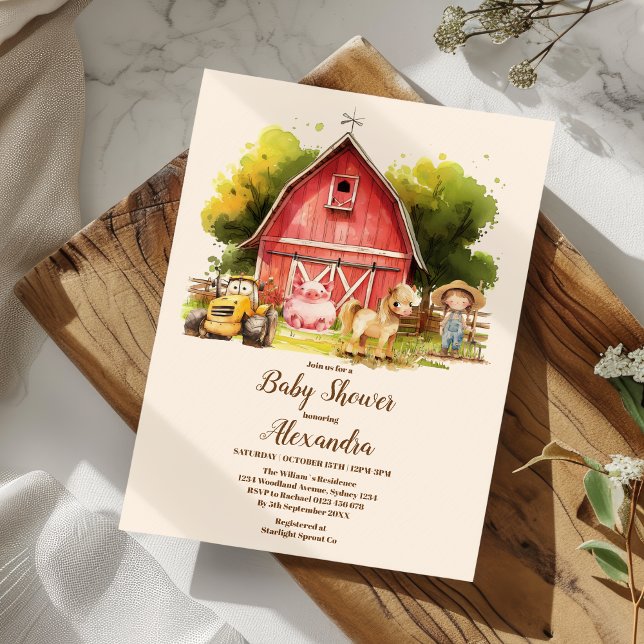 Invitación Cute Farm Animals Greenery Boy Barn Baby Shower (Subido por el creador)