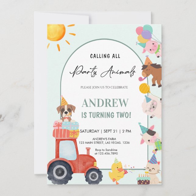 Invitación Cute Farm Animals in Birthday (Anverso)