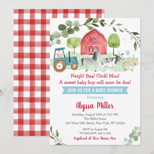 Invitación Cute Farm Greenery Baby Shower (Anverso / Reverso)