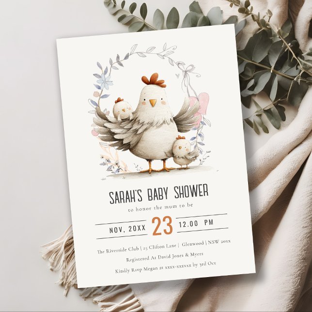 Invitación Cute Farm Mum and Baby Chick Floral Baby Shower (Subido por el creador)