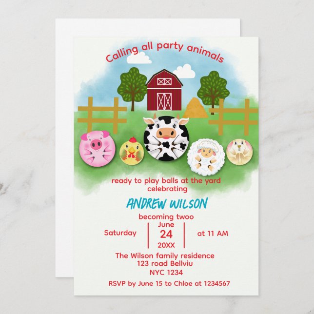 Invitación Cute Farm Party Animals Balls Birthday Invitation (Anverso / Reverso)