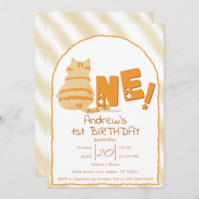 Invitación Cute Fat Orange Cat 1st Birthday (Anverso / Reverso)