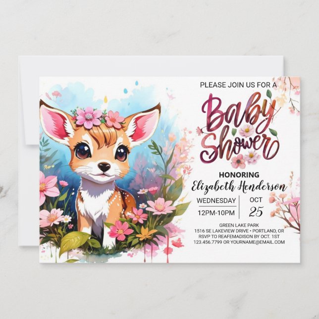 Invitación Cute Fawn Princess Woodland Chica Baby Shower (Anverso)