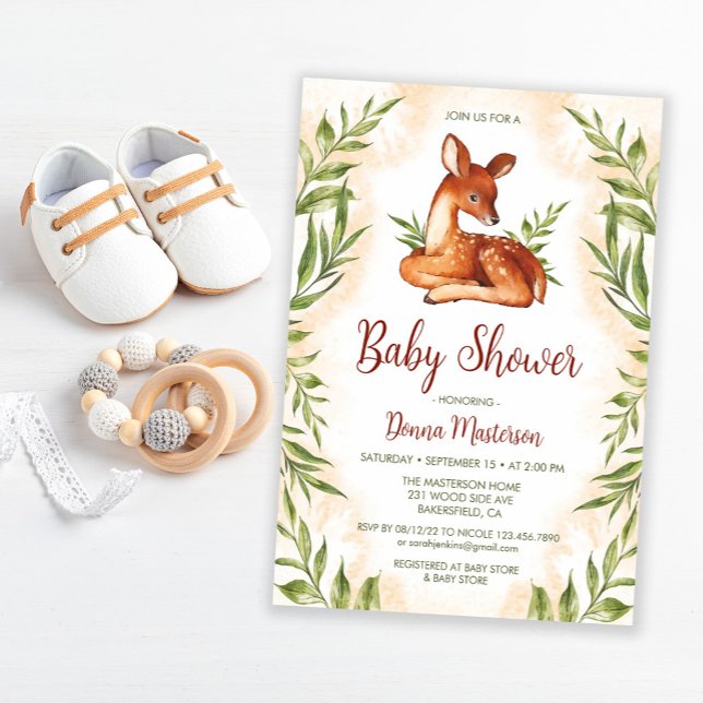 Invitación Cute Fawn Watercolor Baby Shower Botánico (Subido por el creador)