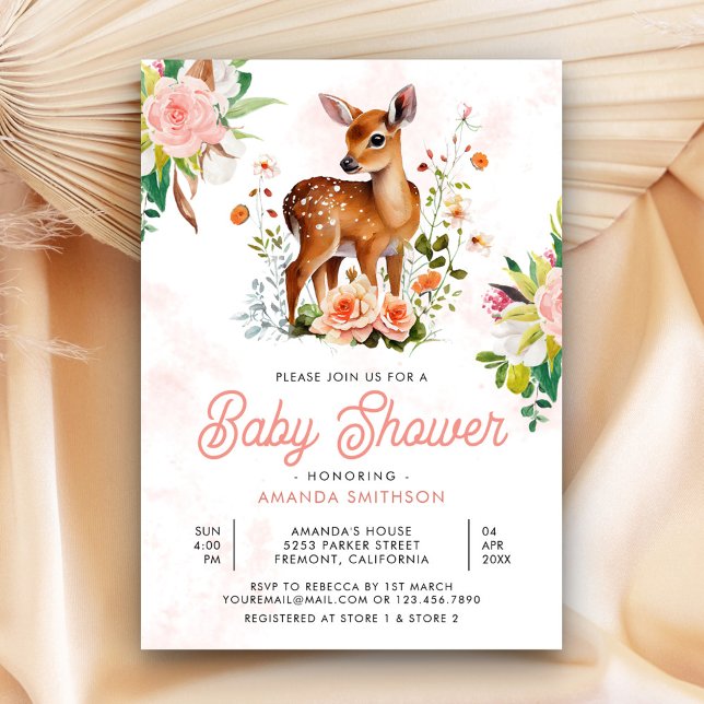 Invitación Cute Fawn Watercolor Floral Deer Baby Shower (Subido por el creador)