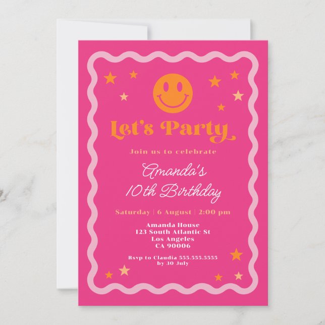 Invitación Cute Feliz Sonrisa Rosa Y Chica Naranja Cumpleaños (Anverso)