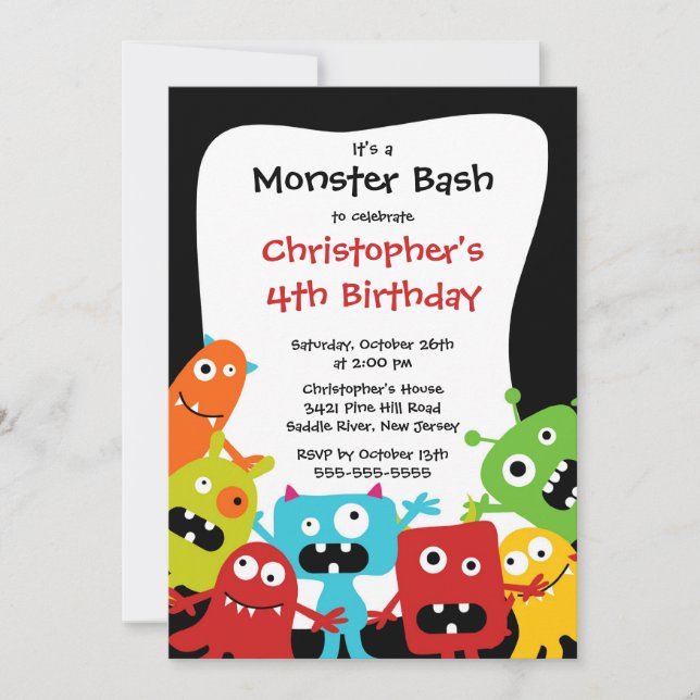 Invitación CUTE Fiesta de cumpleaños de Bash Monstruo (Anverso)