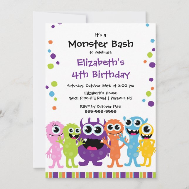 Invitación CUTE Fiesta de cumpleaños de Bash Monstruo (Anverso)