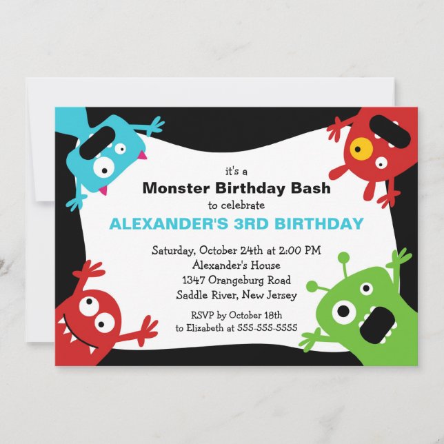 Invitación CUTE Fiesta de cumpleaños de Bash Monstruo (Anverso)