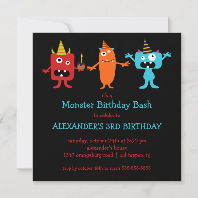 Invitación CUTE Fiesta de cumpleaños de Bash Monstruo (Anverso)