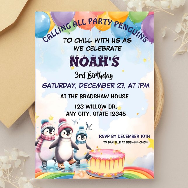 Invitación Cute Fiesta Nacimiento Niño Pingüino acuático (Subido por el creador)