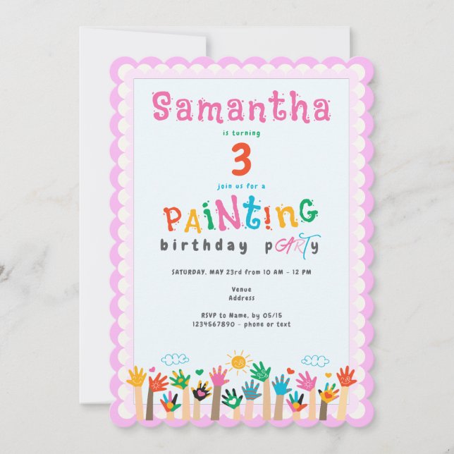 Invitación Cute Finger Pintando arte Chica rosado fiesta de c (Anverso)