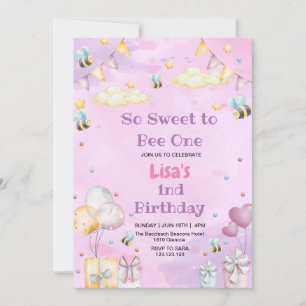 Invitación Cute First Birthday Honey Sweet Bee Purpule