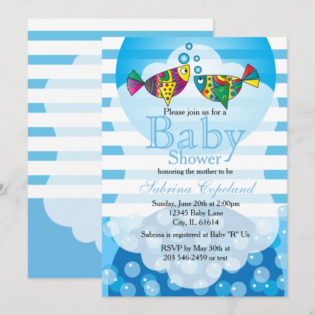 Invitación Cute Fishy Bubbles tema de Baby Shower (Anverso / Reverso)