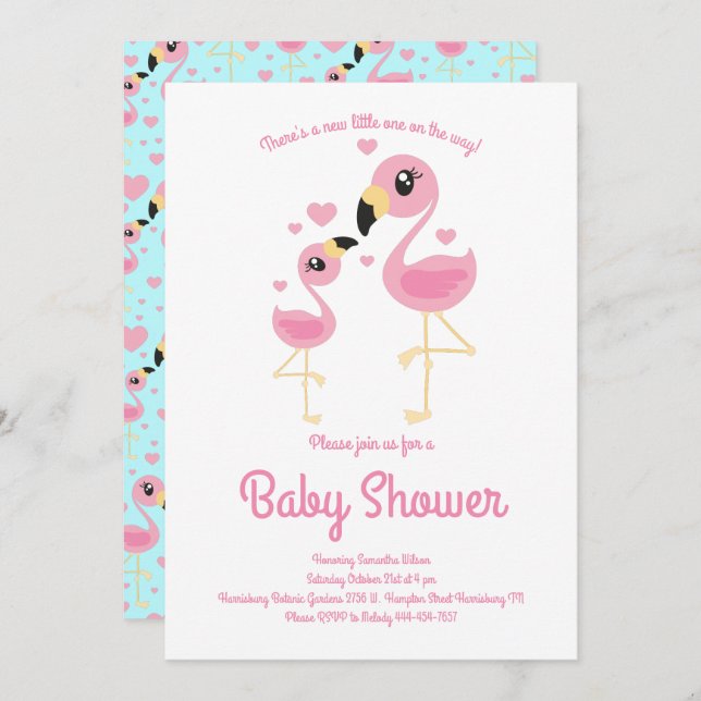 Invitación Cute Flamingo Baby Shower Tropical Beach Tema (Anverso / Reverso)