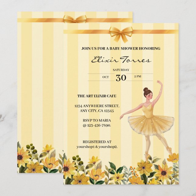 Invitación Cute Floral Amarillo Ballerina Ribbon Baby Shower (Anverso / Reverso)