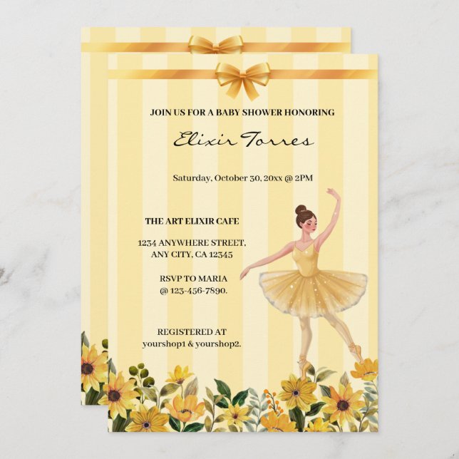 Invitación Cute Floral Amarillo Ballerina Ribbon Baby Shower (Anverso / Reverso)