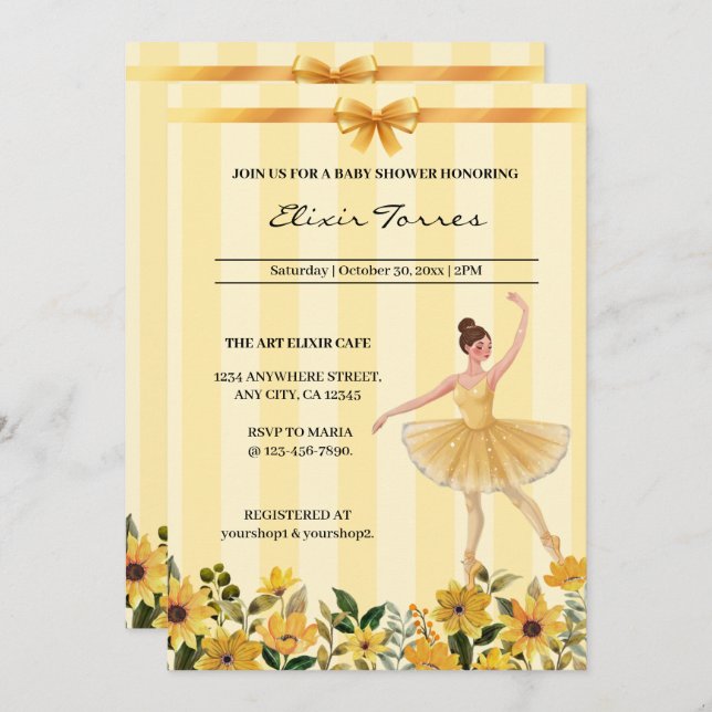 Invitación Cute Floral Amarillo Ballerina Ribbon Baby Shower (Anverso / Reverso)