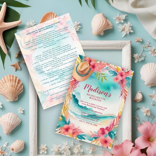 Invitación Cute Floral Beach Cowgirl Hat Coastal Bachelorette (Cute Floral Beach & Cowgirl Hat Coastal Bachelorette Invitations Cards in Turquoise & Pink. )